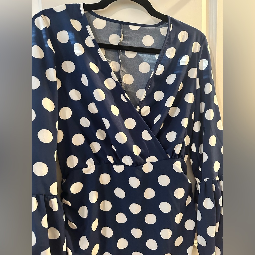 Blue & White Polka Dot Ruffled Dress with Ruching - Picture 4 of 11